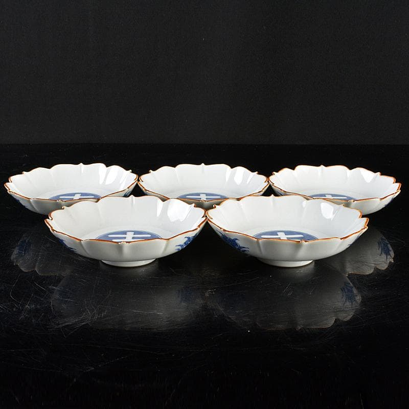 和食器　平安　三浦竹泉造　染付　吉文　輪花皿　五客　F　R5165