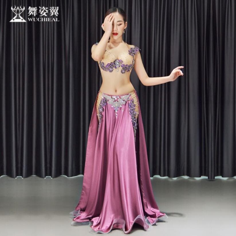 ベリーダンス衣装 ベロア調ビジュー ロングスカートピンク舞台ステージ用