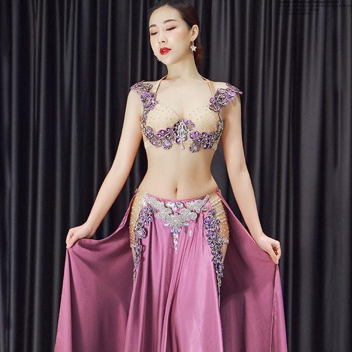 ベリーダンス衣装 ベロア調ビジュー ロングスカートピンク舞台ステージ用