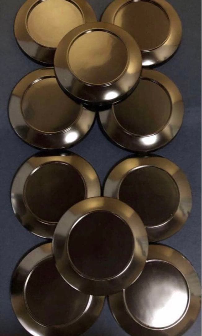 《レ》輪島塗 青漆牡丹彫 蝶 平皿 大小10客 木箱 251113え1