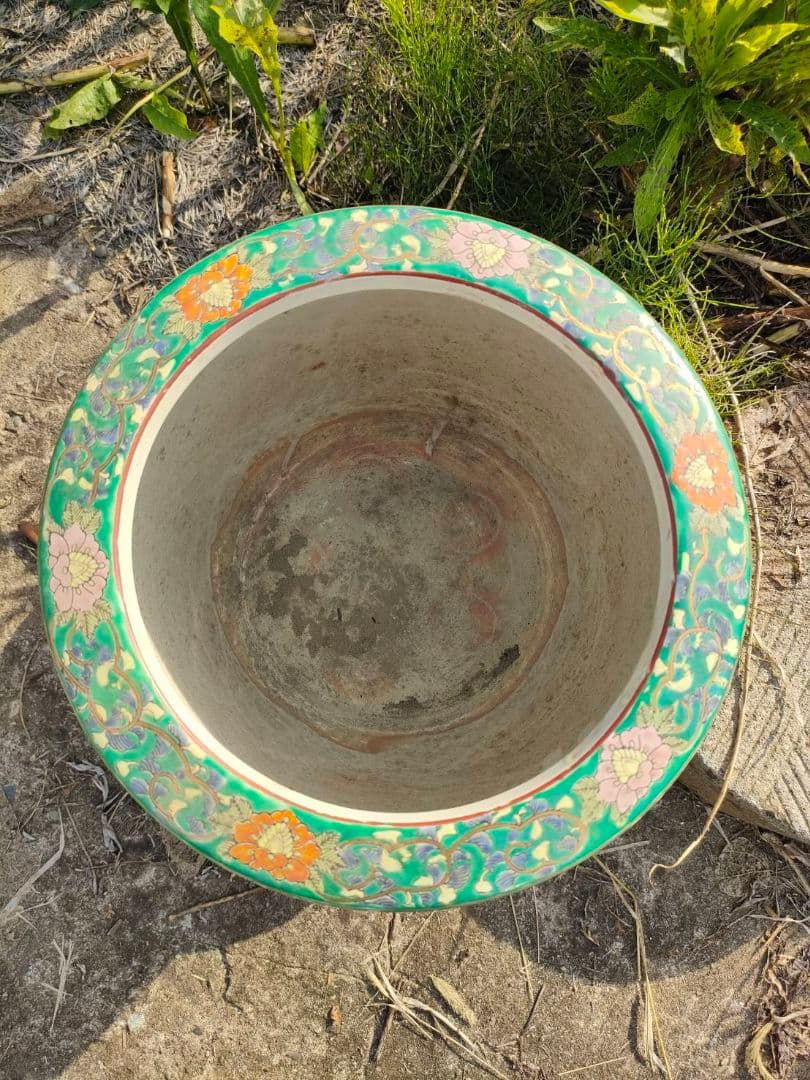 ★色絵 金襴手 火鉢　手焙 兎 孔雀 花鳥山水文 　古具　アンティーク