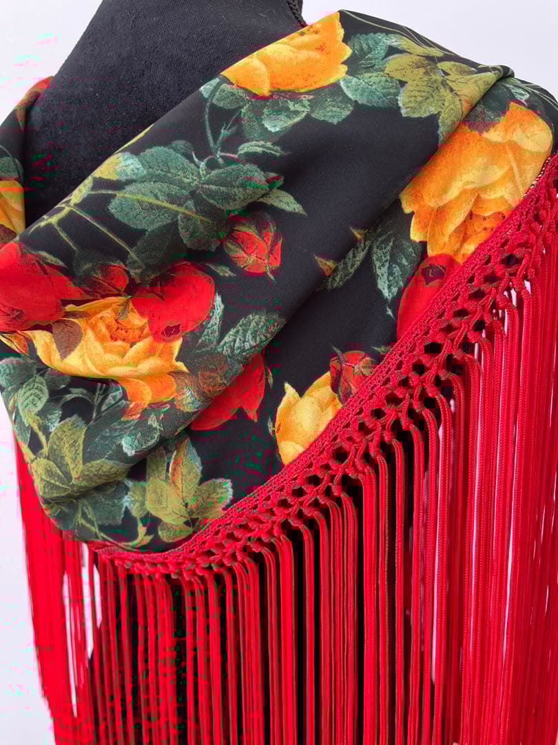 フラメンコ マントンシージョ ブラック花柄　レッドフレコ