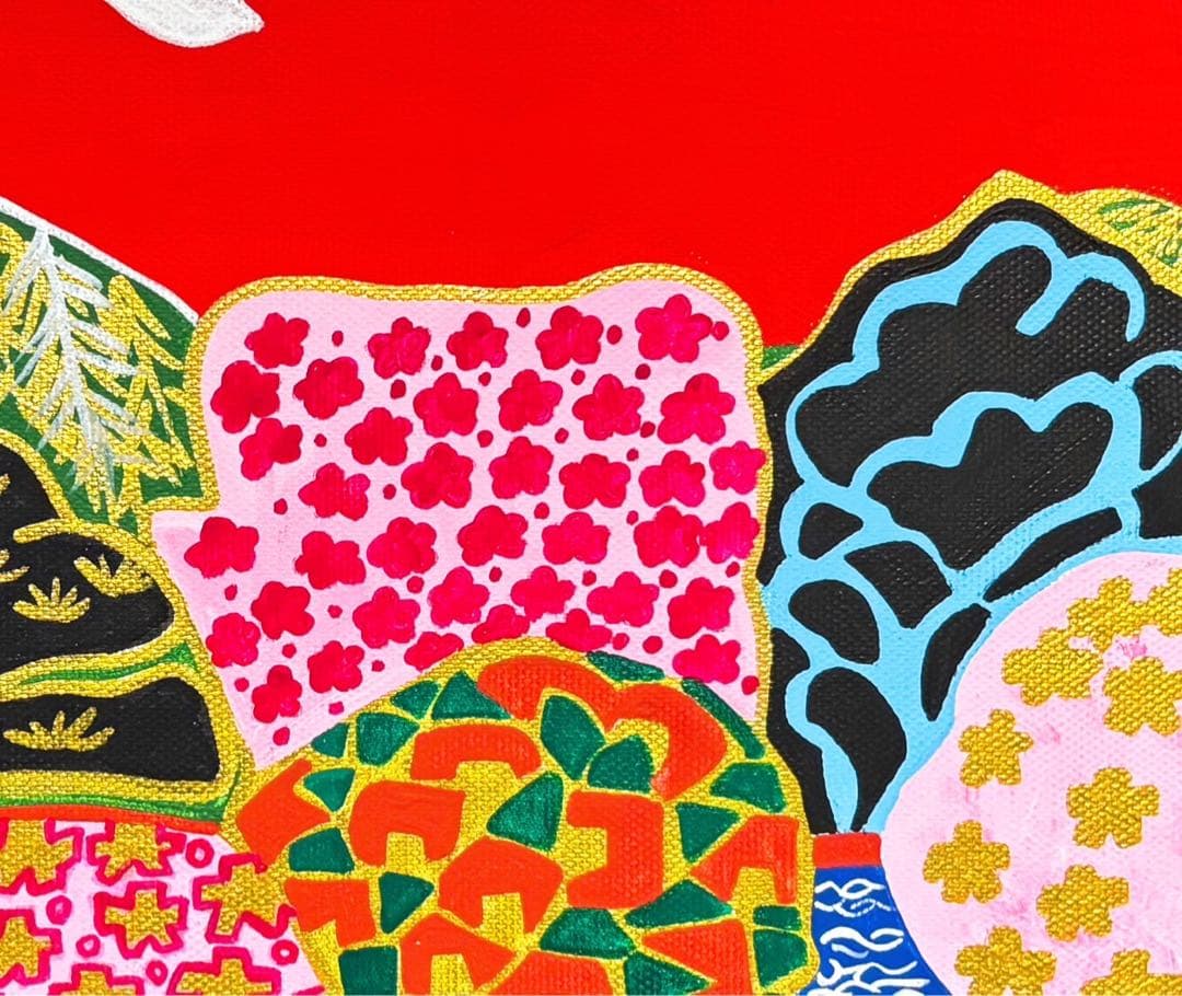 【F4号】手描き油彩　片岡球子【富士に献花】赤富士　額縁　サイン　落款　絵画