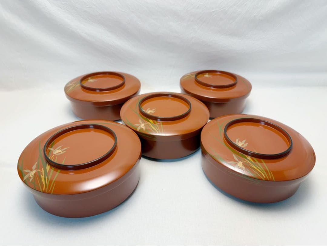 美品 茶道具 木製古代朱塗 蘭蒔絵 多用鉢 菓子鉢 天麩羅 どんぶり等 5客揃