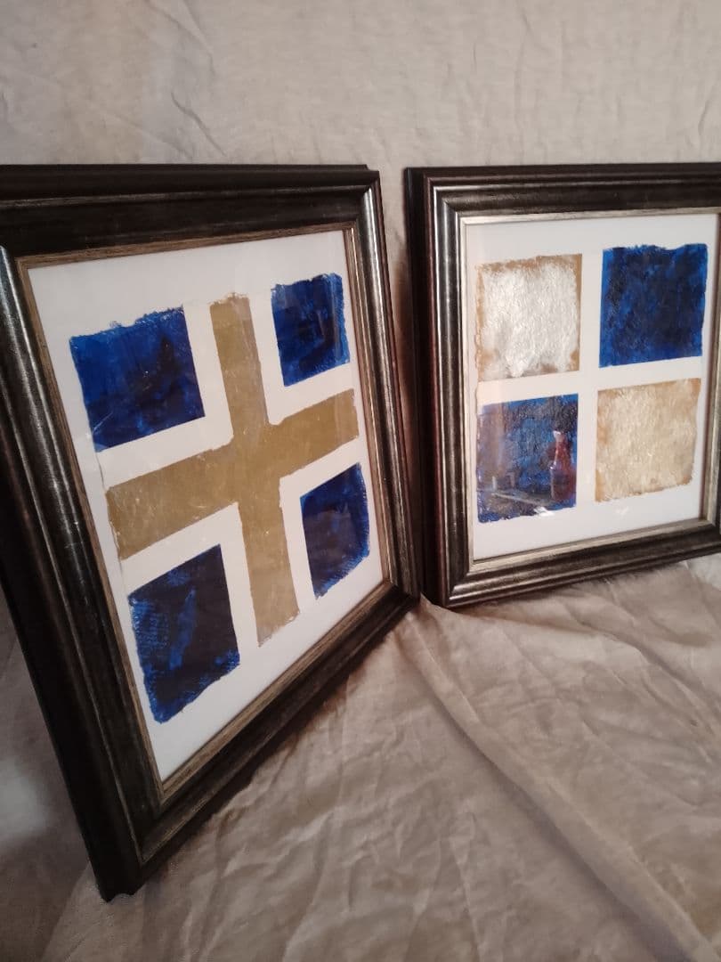 青と金のアクリル画2点セット