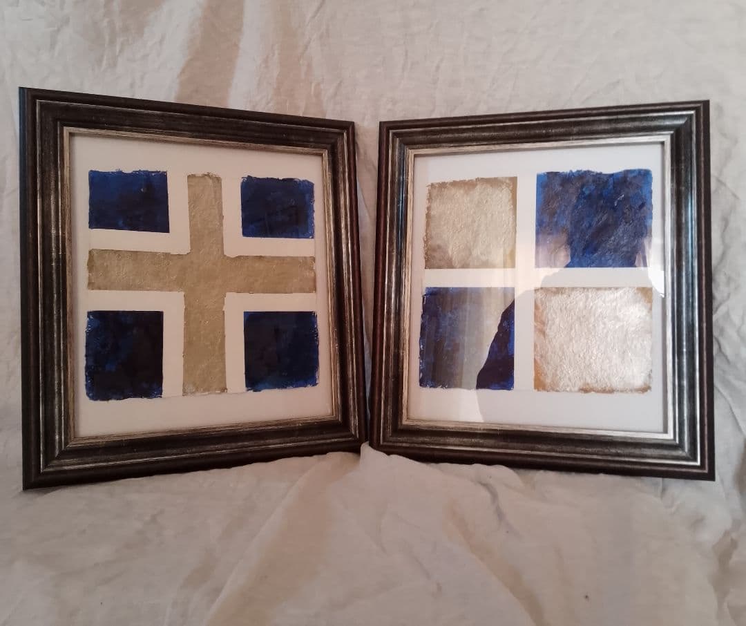 青と金のアクリル画2点セット