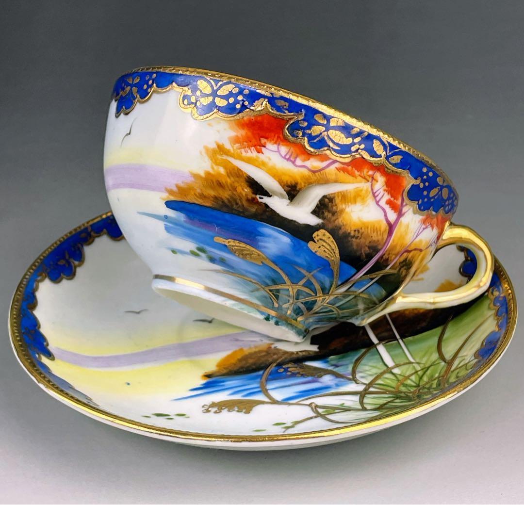 オールドニッポン カモメ 風景図 ティーカップ＆ソーサー アールヌーボー 金盛り