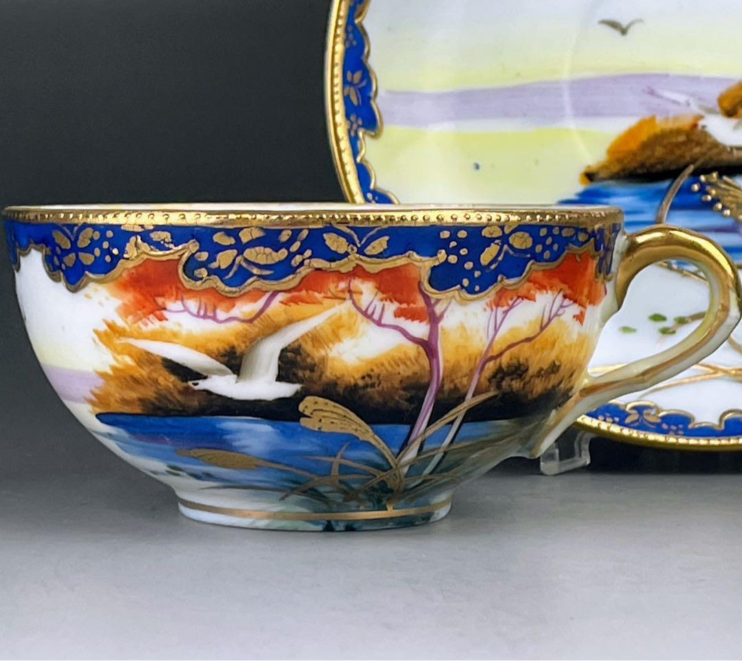 オールドニッポン カモメ 風景図 ティーカップ＆ソーサー アールヌーボー 金盛り