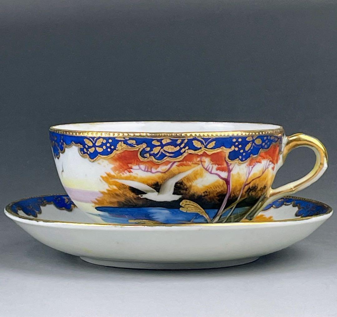 オールドニッポン カモメ 風景図 ティーカップ＆ソーサー アールヌーボー 金盛り