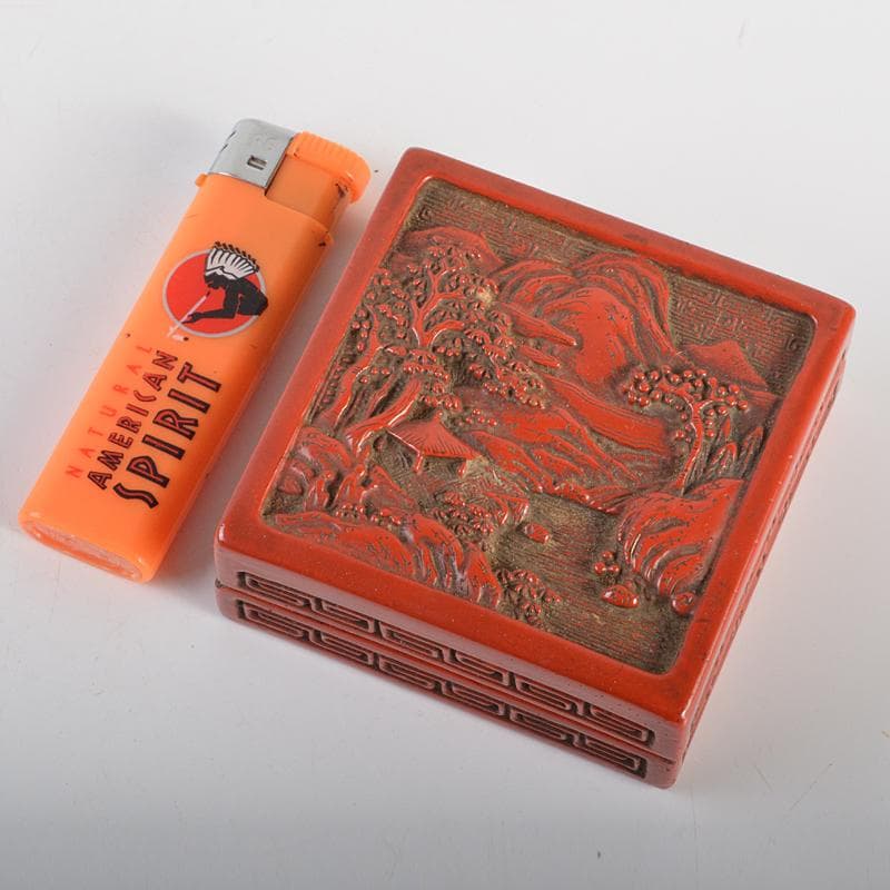 中国　剔紅　堆朱　山水文　四方香合　合わせ箱　M　R7056