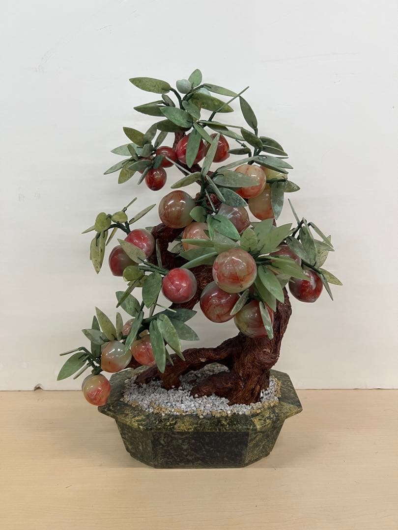 中国美術　桃樹玉石　桃木玉石盆栽　景泰藍　石細工彫刻　置物　縁起物