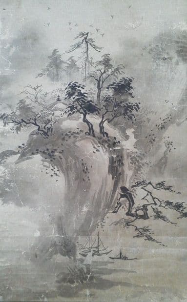 ※古美術/水墨画/破墨山水図/落款:雪舟等陽/