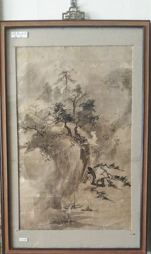 ※古美術/水墨画/破墨山水図/落款:雪舟等陽/