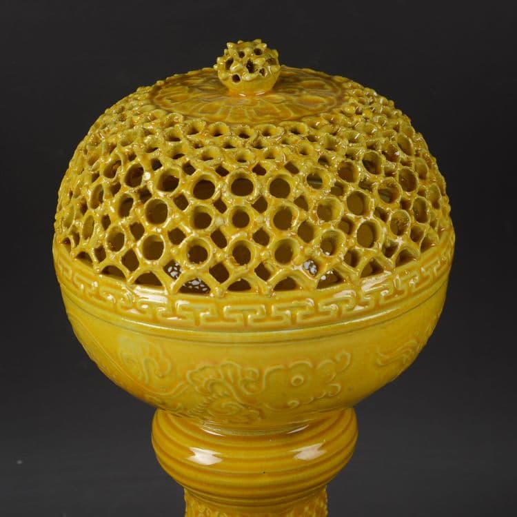 景徳鎮 高脚黄釉香炉 香道具 美術品 現代工芸品 美術品 置物