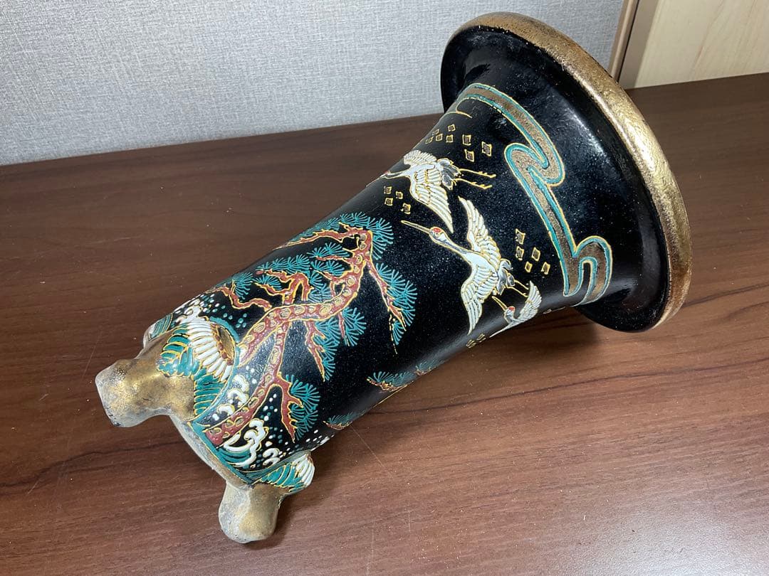 古い蘭鉢「陶香園 龍山在銘品」鶴絵付万年青鉢古美術品(植木鉢盆栽鉢蘭寒蘭旧家)