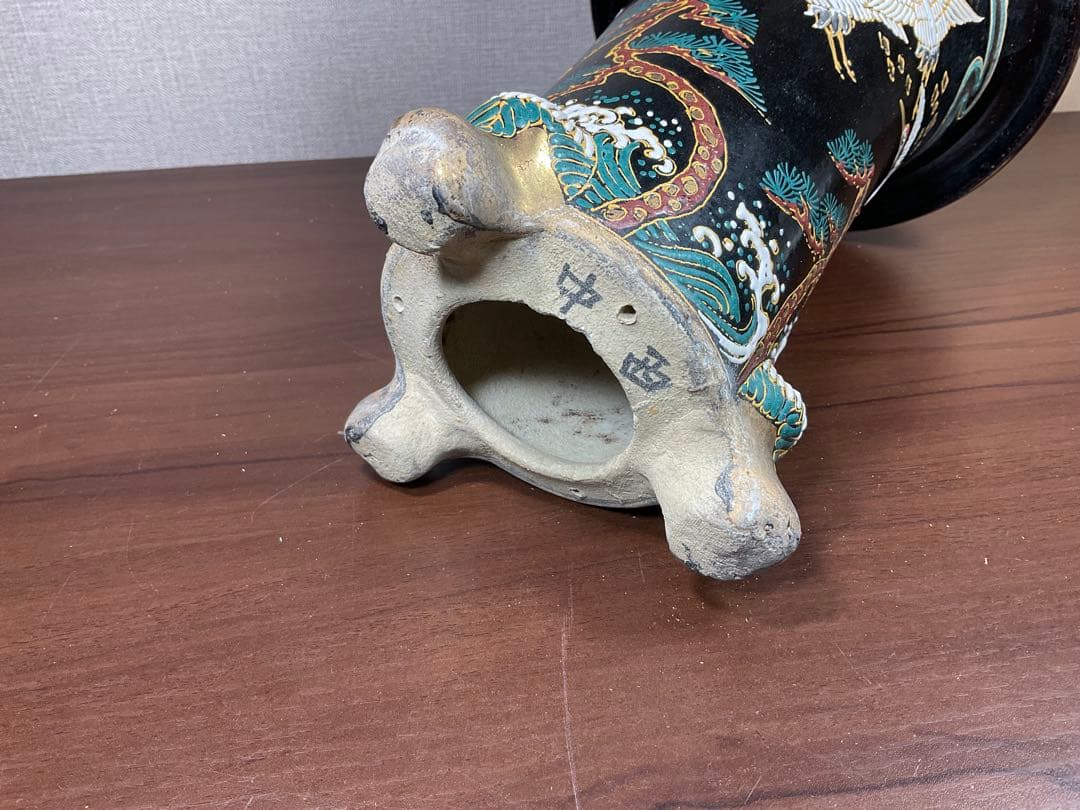 古い蘭鉢「陶香園 龍山在銘品」鶴絵付万年青鉢古美術品(植木鉢盆栽鉢蘭寒蘭旧家)