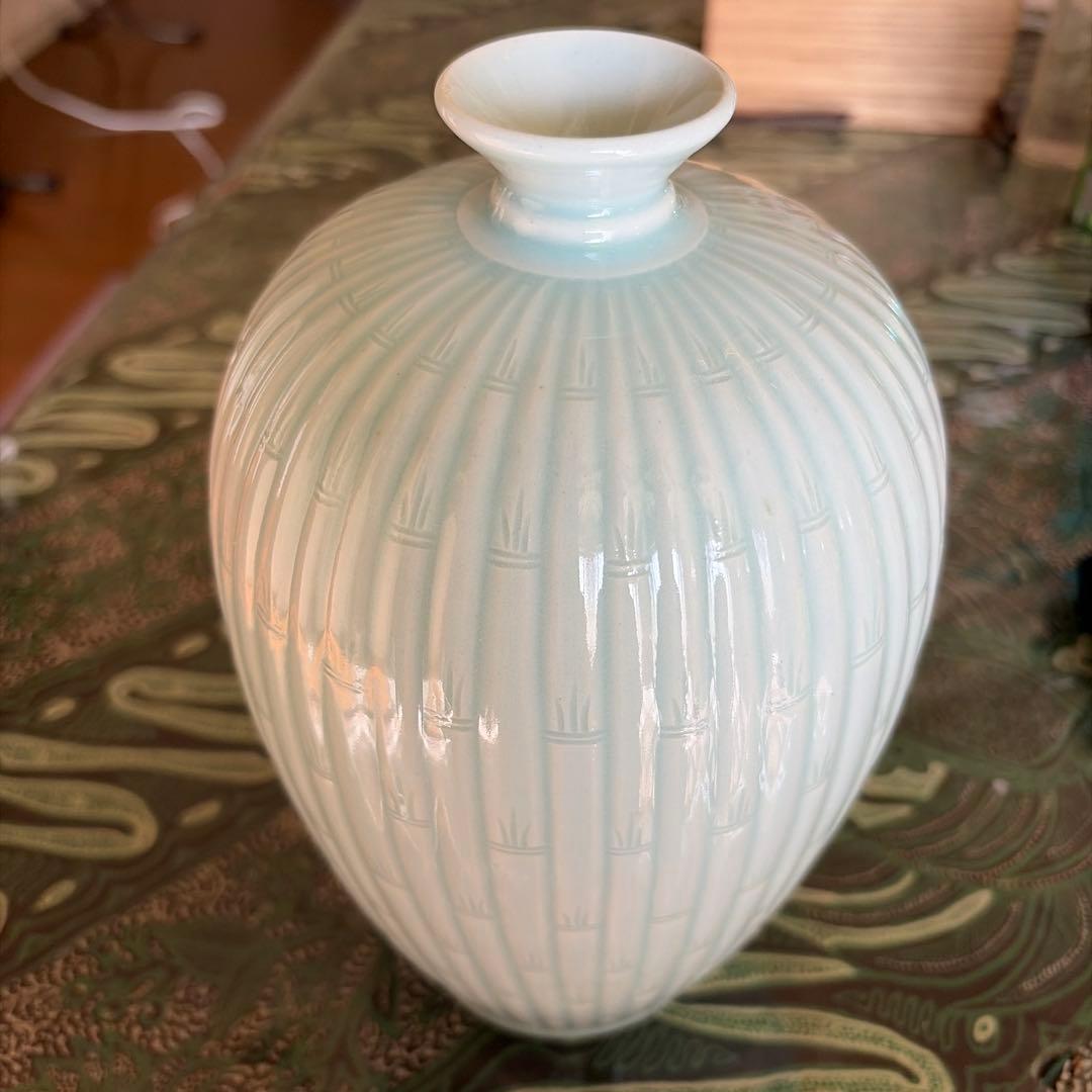 【人間国宝 安東五 作】刻印入 壺 高麗青磁 竹文