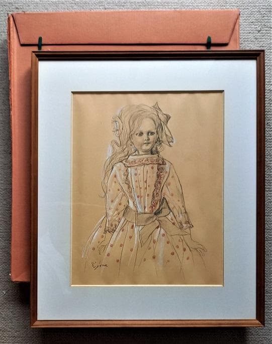 日本洋画壇の重鎮　芝田米三　フランス人形の絵　鉛筆とパステルによるデッサン画