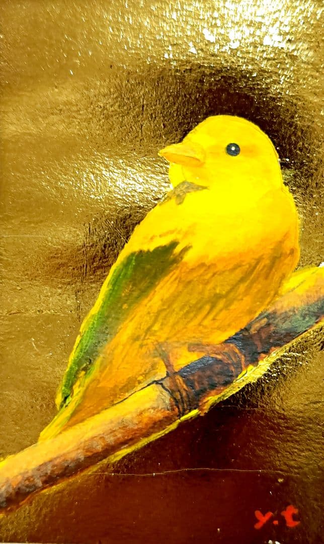 超美品！値下げ交渉あり。金箔を押した黄色い小鳥　アクリル画　絵画