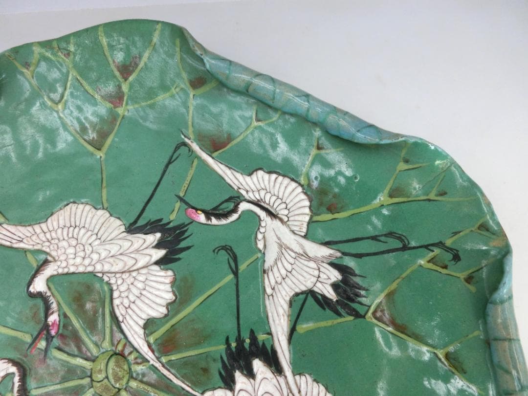 時代物 萬古焼 古萬古 鶴文 蓮型 蓮葉 皿 大皿 良品 骨董 古玩 傷なし