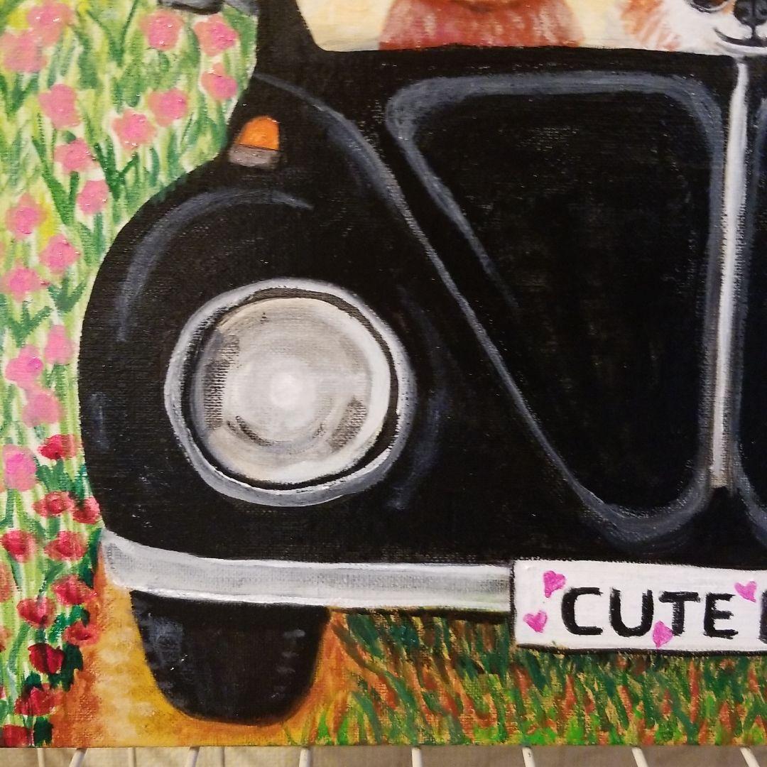 油絵 Yumiko ワーゲンに乗る犬の家族