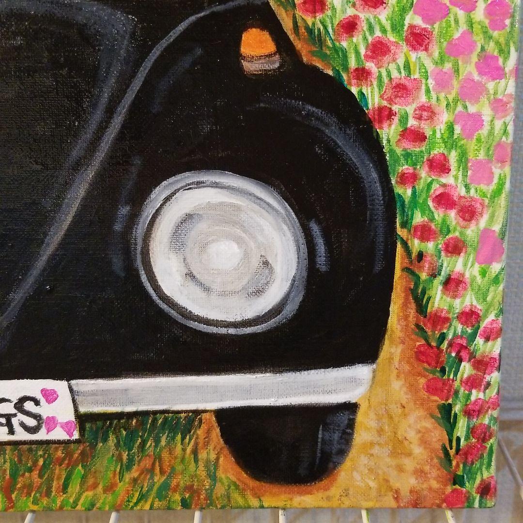 油絵 Yumiko ワーゲンに乗る犬の家族