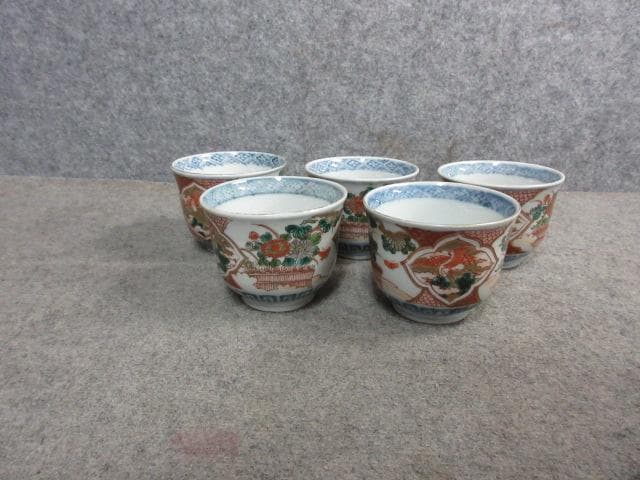 伊万里 色絵 鶴菊蝶 猪口 5個 [B31357]