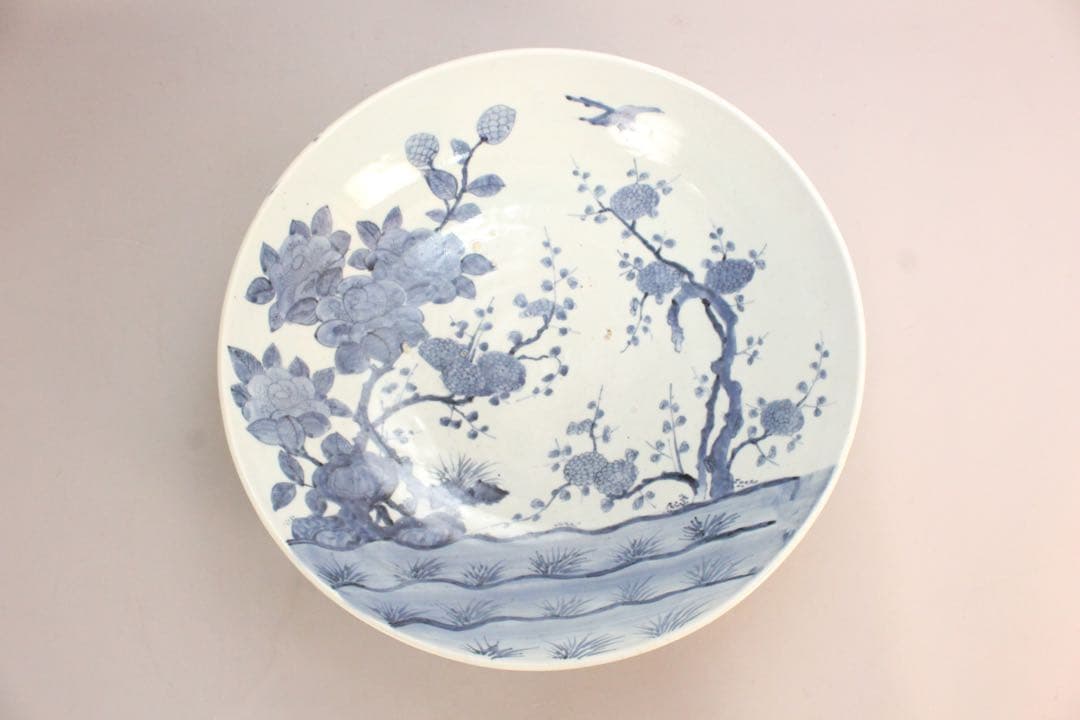 No5146 古伊万里　大明成化年製　染付花鳥文大皿　直径47cm 送料無料