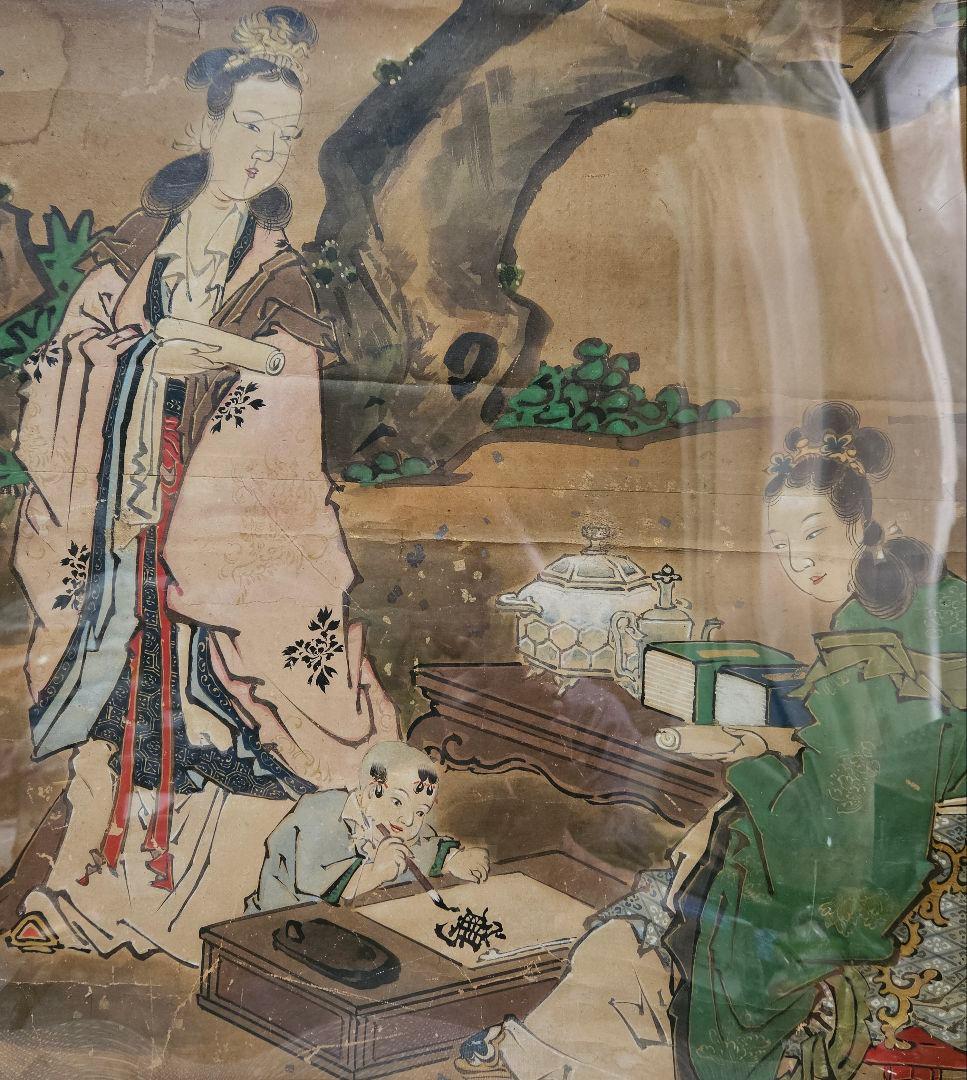 中国古美術　中国古画　紙本肉筆　金彩色絵　人物画　宮中の図　作者不明　簡易額装