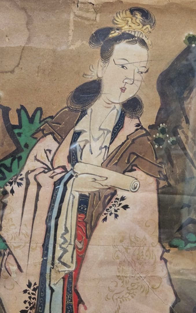 中国古美術　中国古画　紙本肉筆　金彩色絵　人物画　宮中の図　作者不明　簡易額装