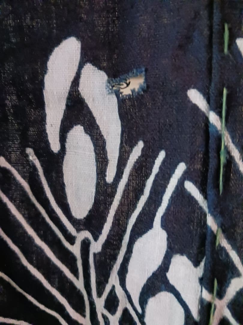 古布　夜着　綿　藍染　筒描き　家紋　鶴松　一枚