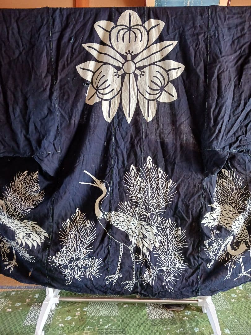 古布　夜着　綿　藍染　筒描き　家紋　鶴松　一枚