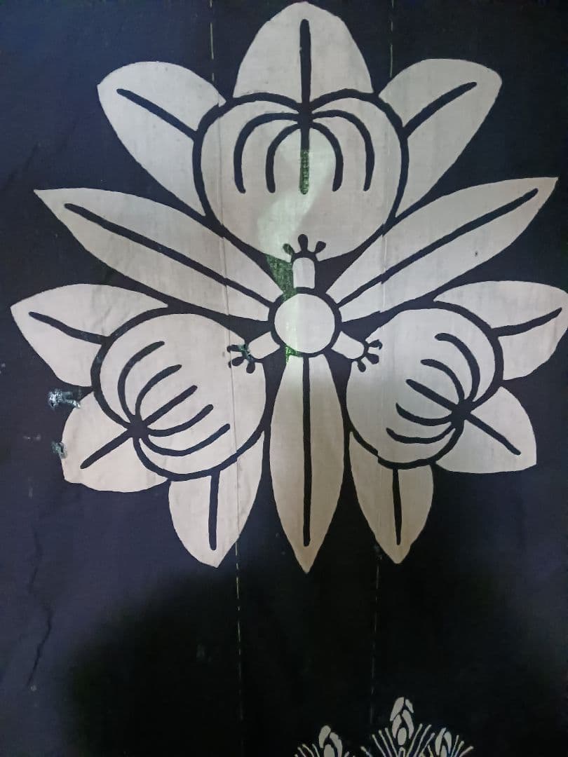 古布　夜着　綿　藍染　筒描き　家紋　鶴松　一枚