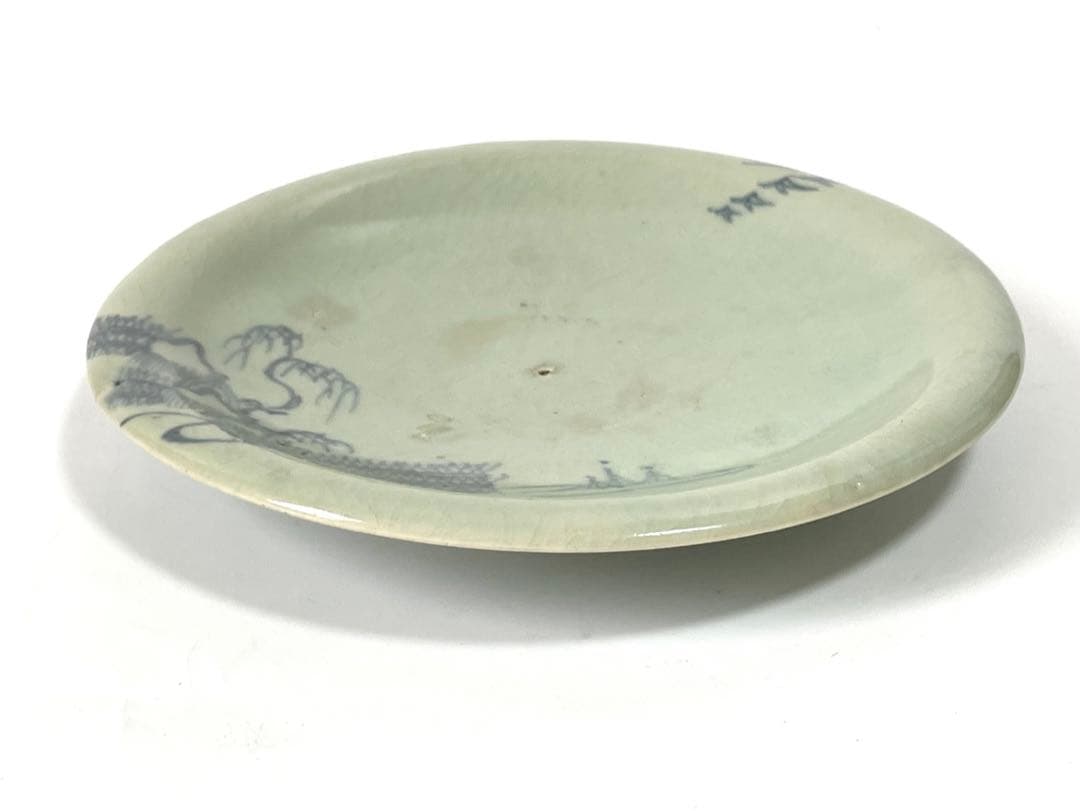 アンティーク　骨董　柿右衛門青磁　青磁染付　染付　柳網干文　丸皿　小皿　五寸皿