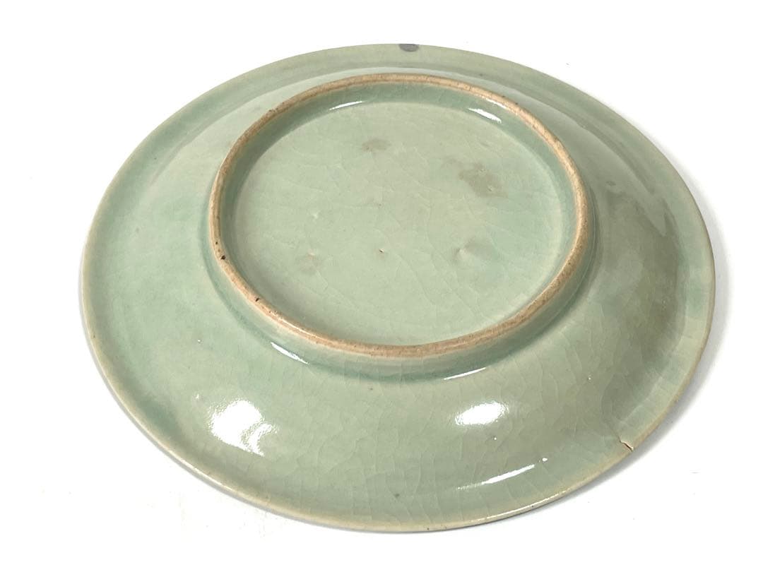 アンティーク　骨董　柿右衛門青磁　青磁染付　染付　柳網干文　丸皿　小皿　五寸皿