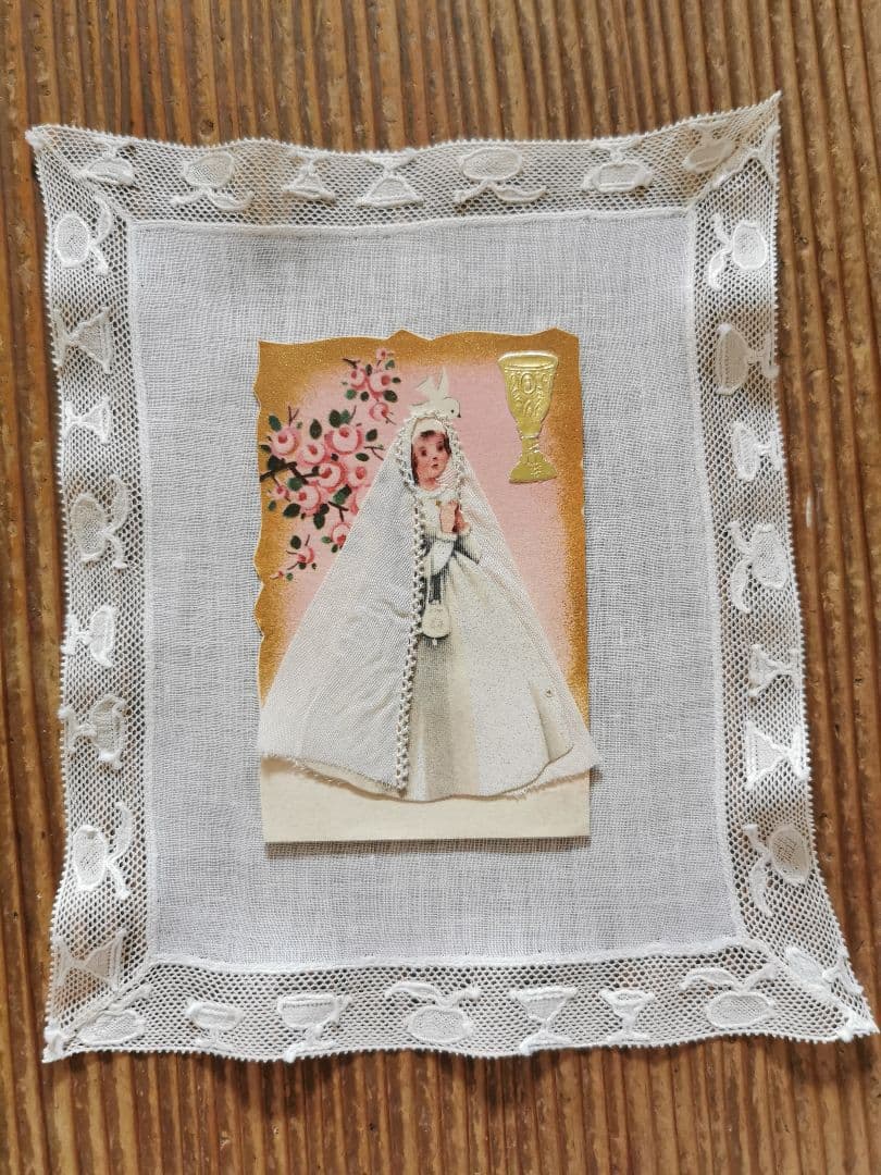 アンティーク ワイングラスモチーフ刺繍レース ＆初聖体式の少女の立体カードセット