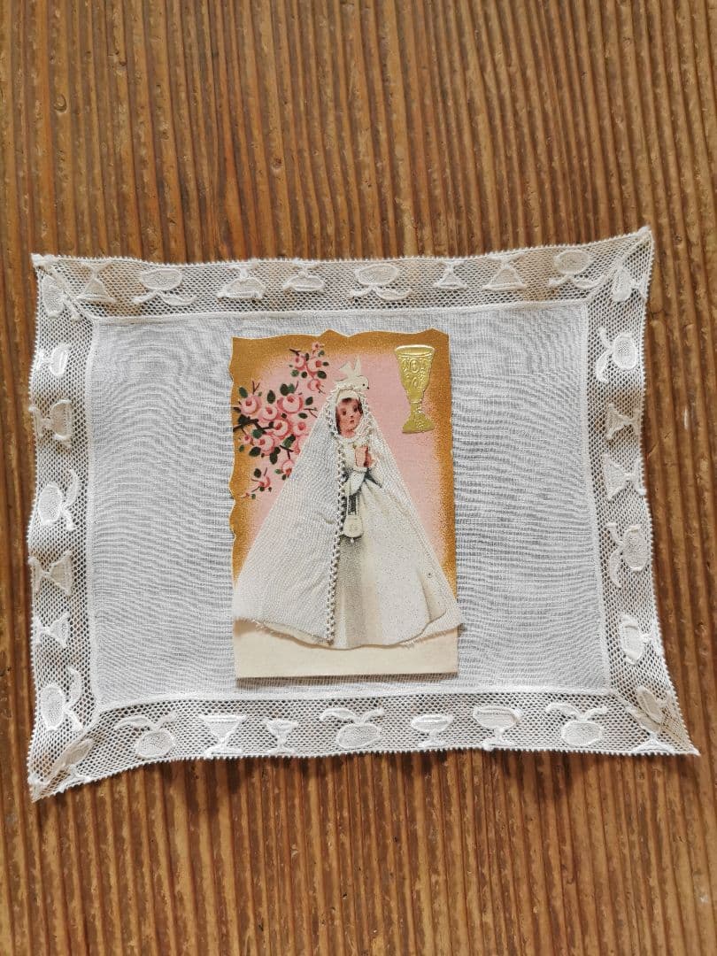 アンティーク ワイングラスモチーフ刺繍レース ＆初聖体式の少女の立体カードセット