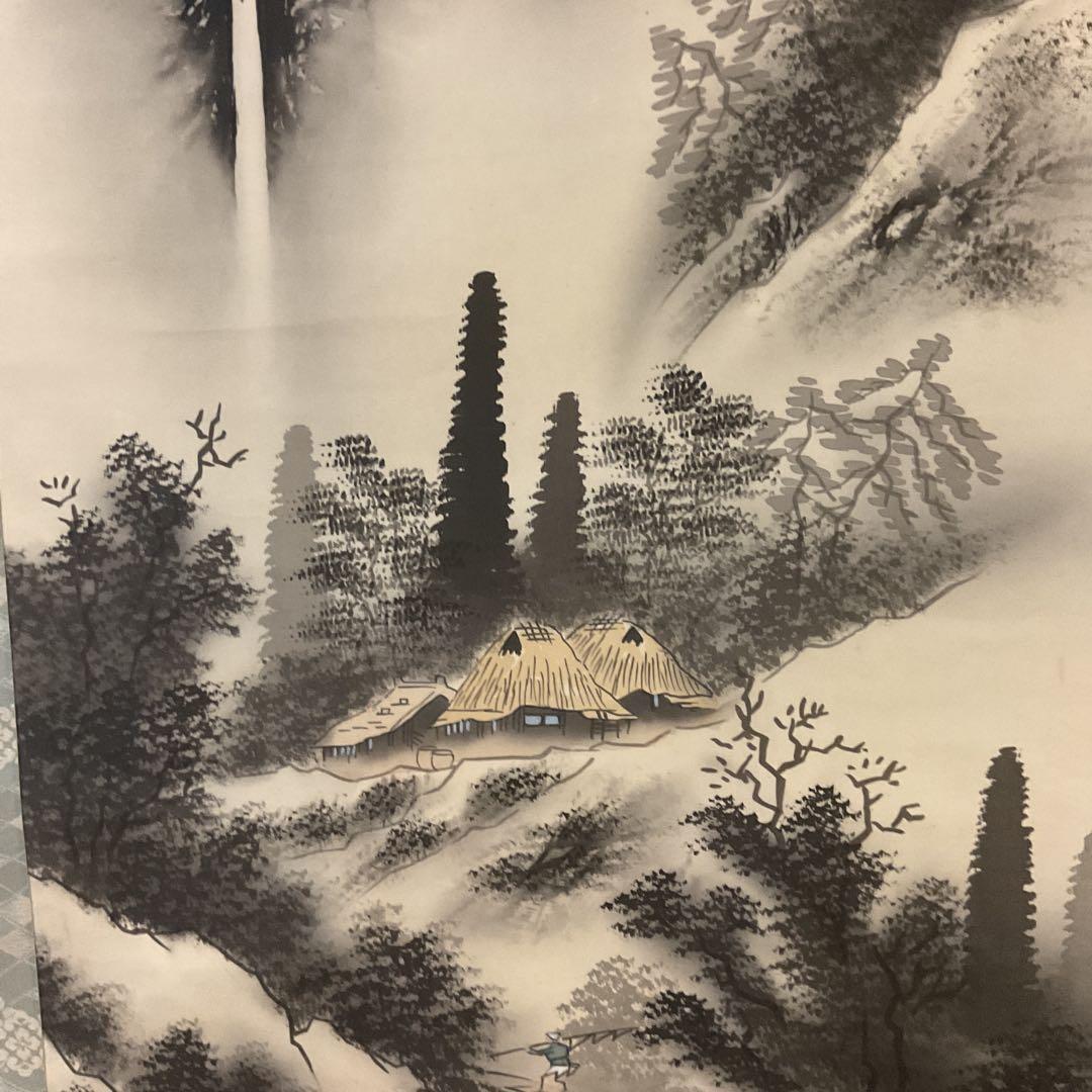 水墨山水画 絹本掛け軸 一堂筆【落款印譜在】 軸先木軸