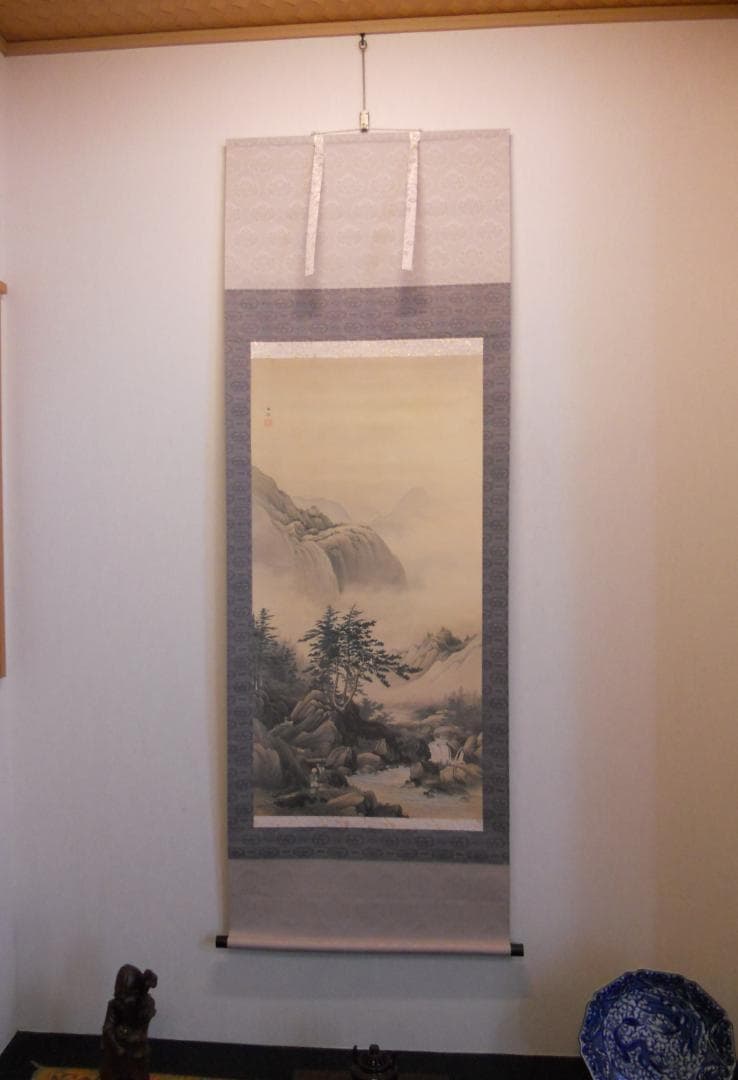 掛け軸 橋本雅邦 秋山行旅 絹本 名品 複製 希少 軸装 茶道具 掛軸 美品