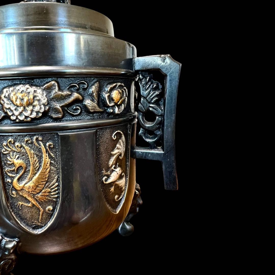 《希少未使用》高岡銅器 能作 吉秀作 銅製 獅子摘龍鳳凰図金銀象嵌三つ足香炉 鸛