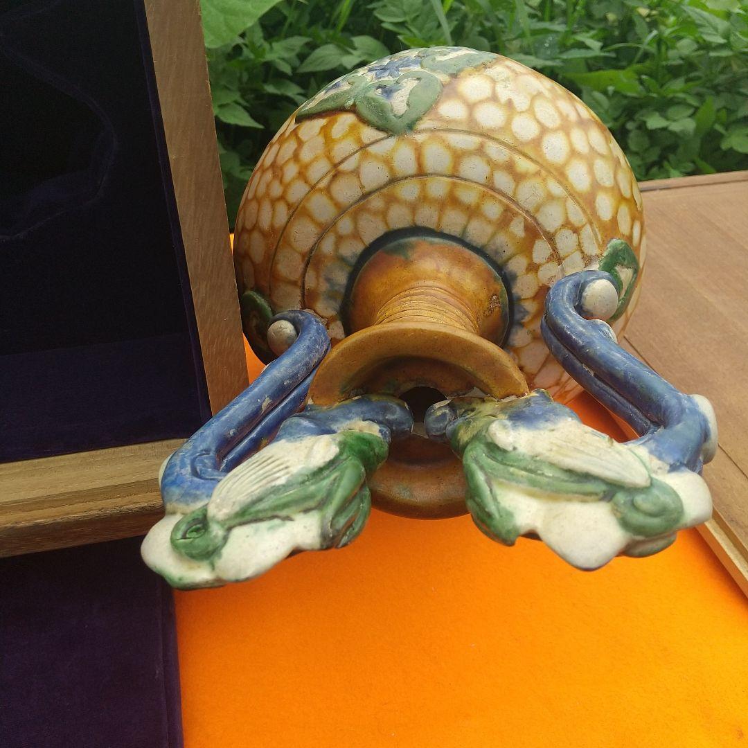 旧中国時代、唐三彩 双龍耳花瓶