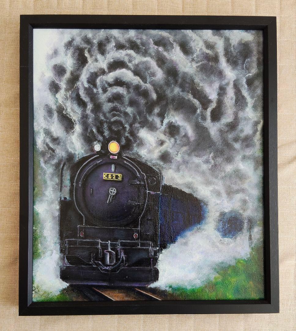 蒸気機関車の油絵（黒フレーム付き）