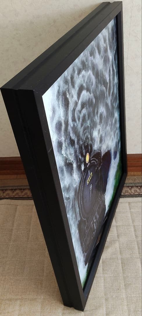 蒸気機関車の油絵（黒フレーム付き）