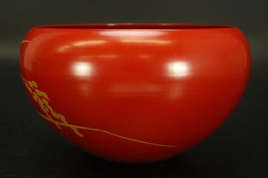 茶道具 托鉢 朱塗 菓子器 竹内栖鳳画 共箱(A872)