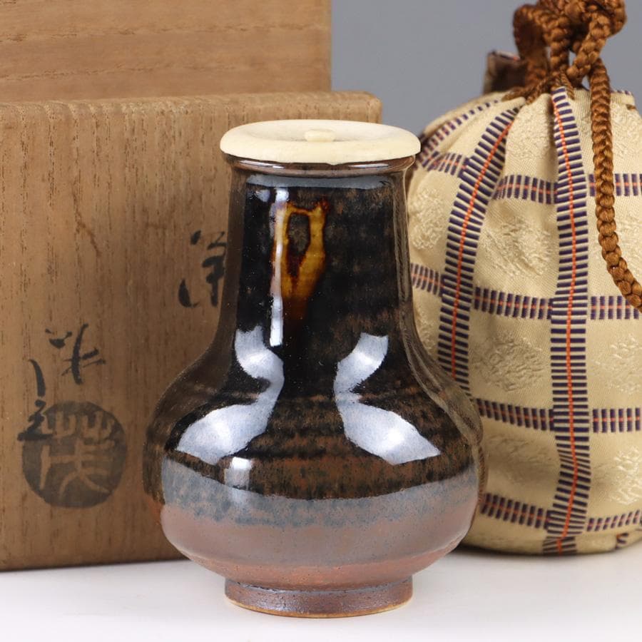 Y3338-6 茶道具 山口茂 鶴首茶入 共箱・仕覆　　よ