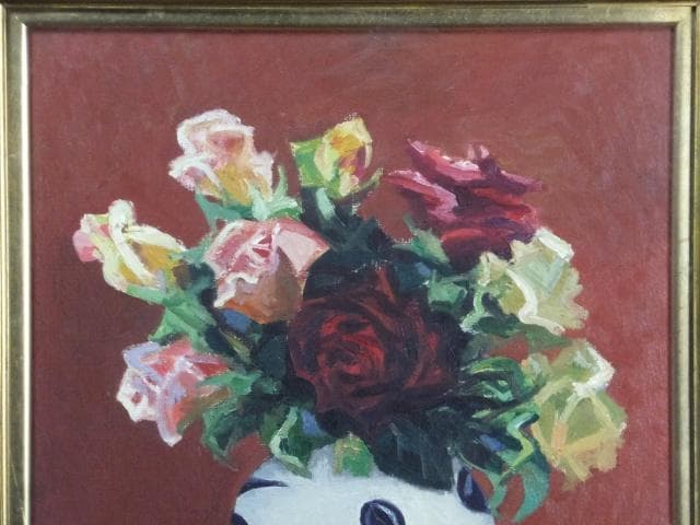 山本彪一　直筆サイン　日動画廊シール『ばら』油彩 1964年 0801G