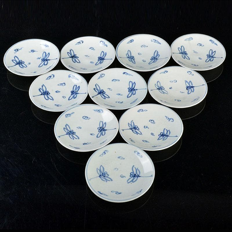 深川園　古染付写　蜻蛉文　五寸皿　十客　在銘　共箱　V　R4364