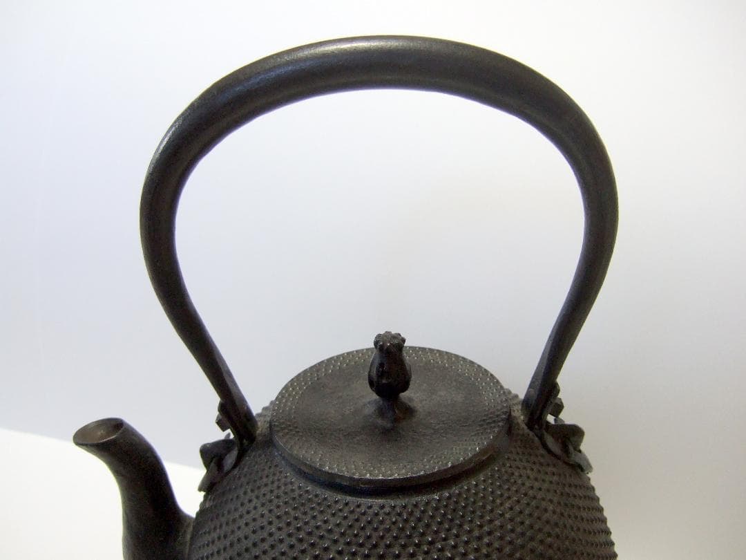 真正南部 雅泉 鬼面鐶付 虫喰摘み あられ紋 鉄瓶 在銘 南部型