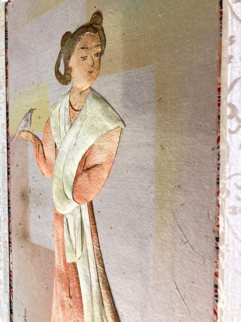 昔は有名な荒川夏子　古典絵　古代壁画女人像　1982年貼り絵細工　絵画　金粉加工