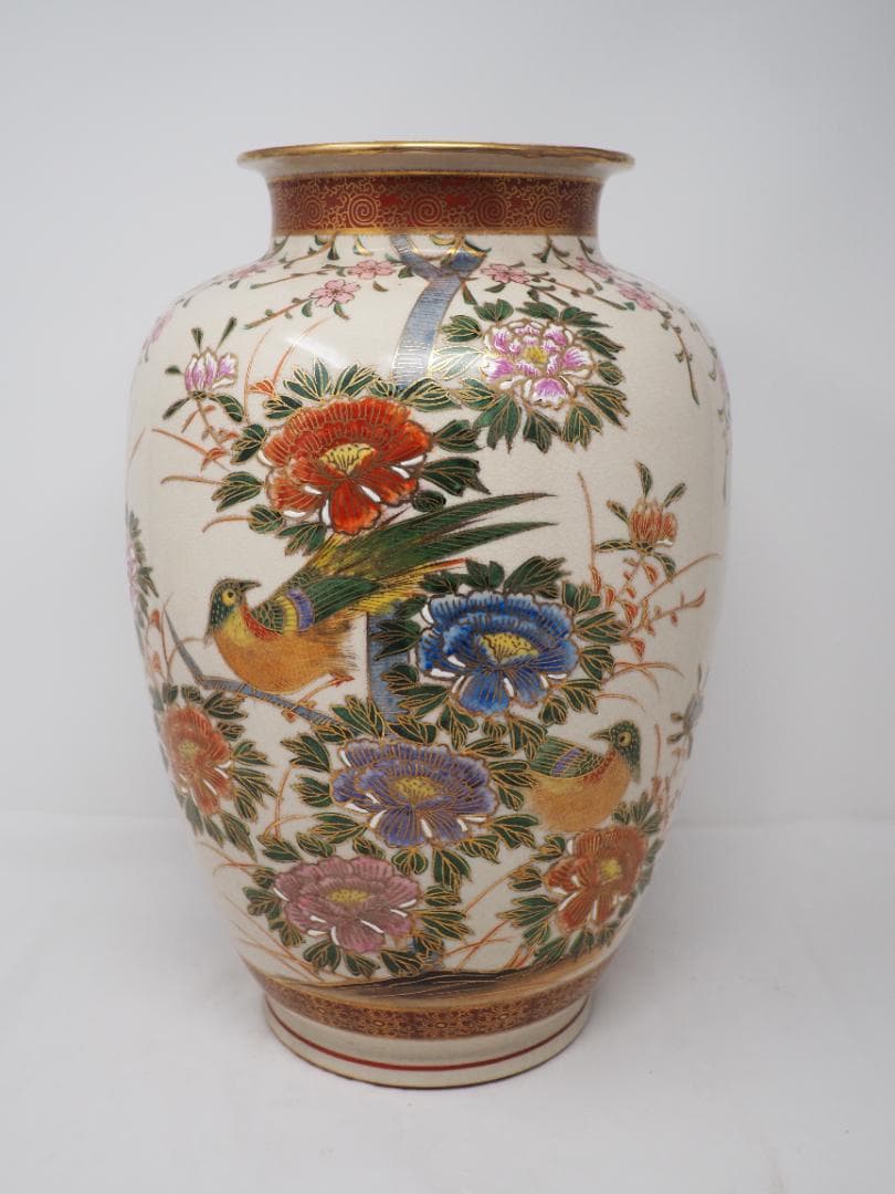 色絵金彩金蘭手花鳥図　薩摩焼　花瓶　壷　-SO